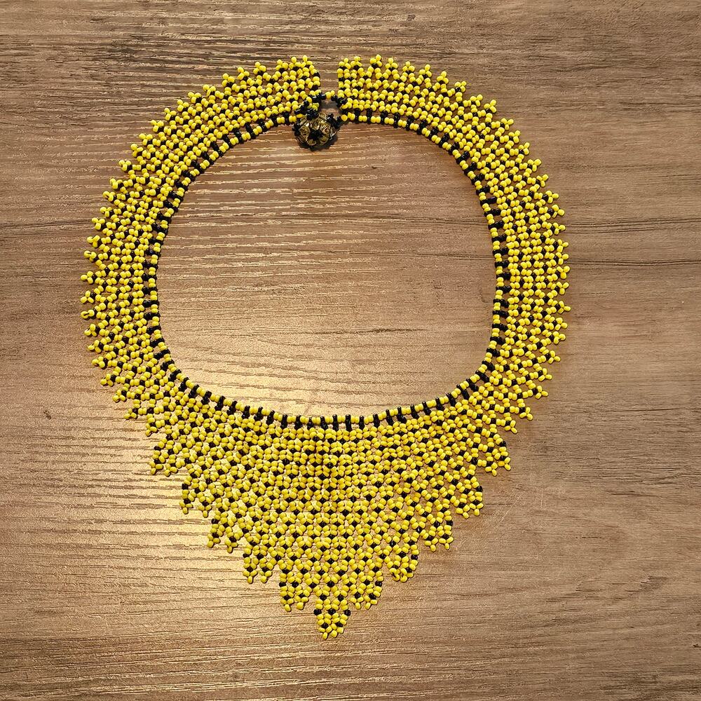 Vintage Tribal Yellow Seed Bead Collar Choker Bib Statement Necklace